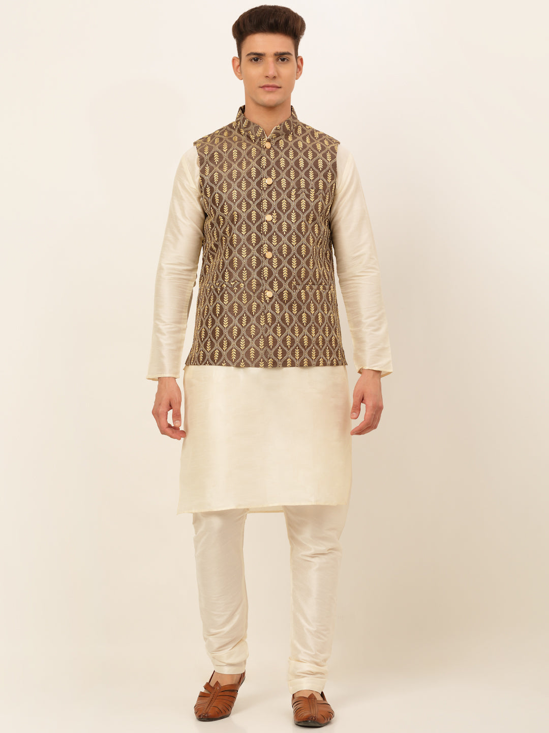 Brown Solid Mens Kurta Pajama Set with Nehru Jacket | Cotton