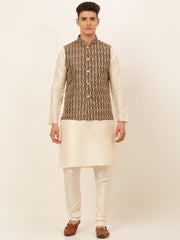 Men's Solid Kurta Pyjama With Nehru Jacket ( JOKPWC W-D 4049Brown )-JOKPWC-W-D-4049