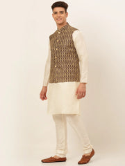 Men's Solid Kurta Pyjama With Nehru Jacket ( JOKPWC W-D 4049Brown )-JOKPWC-W-D-4049