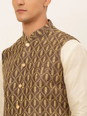 Men's Solid Kurta Pyjama With Nehru Jacket ( JOKPWC W-D 4049Brown )-JOKPWC-W-D-4049