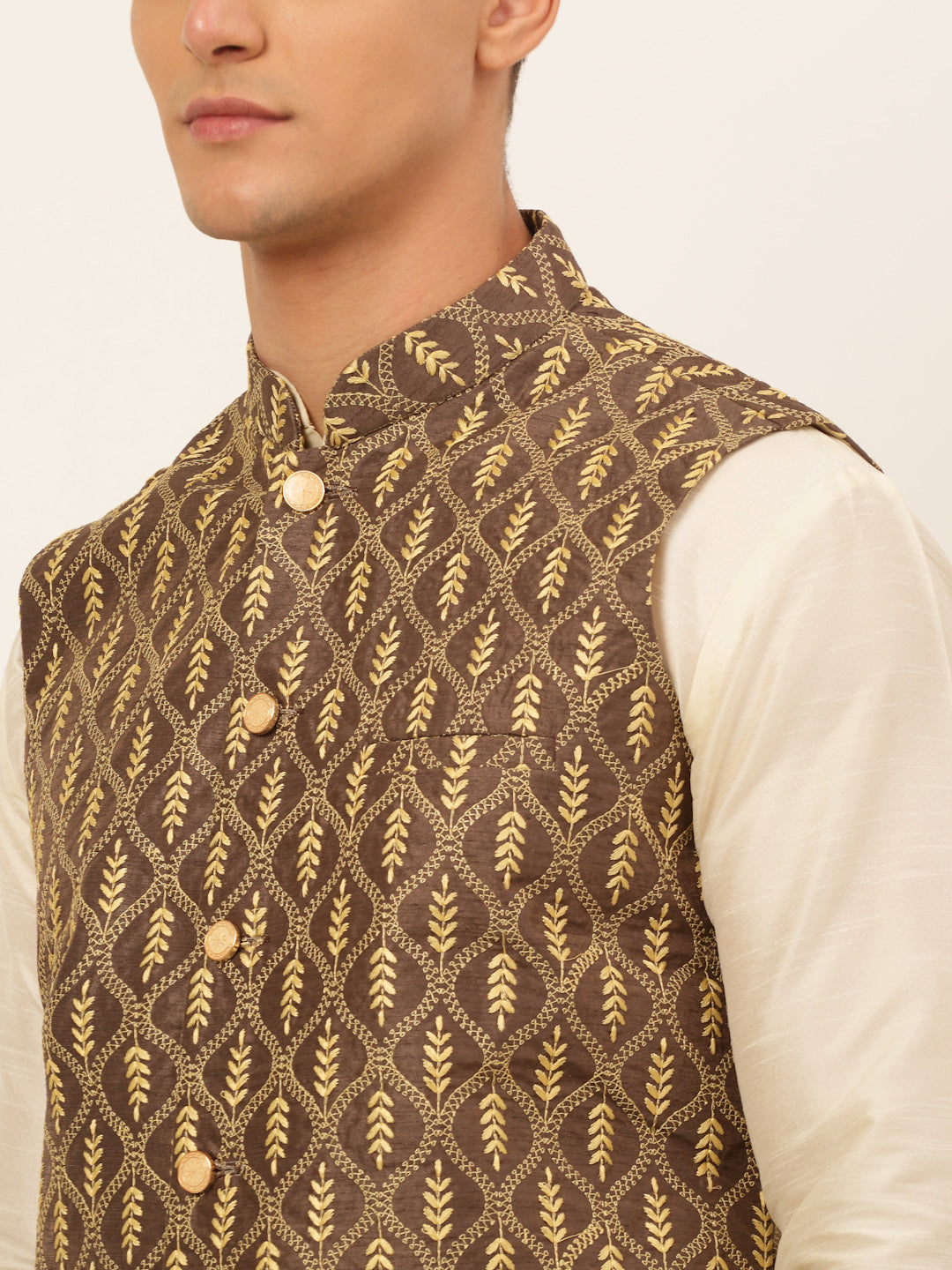 Brown Solid Mens Kurta Pajama Set with Nehru Jacket | Cotton
