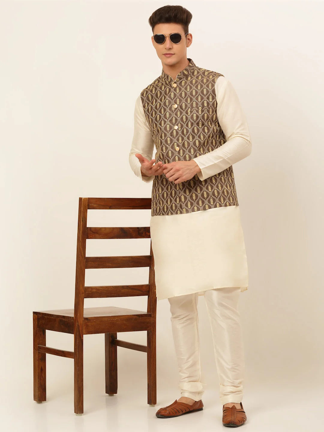 Brown Solid Mens Kurta Pajama Set with Nehru Jacket | Cotton