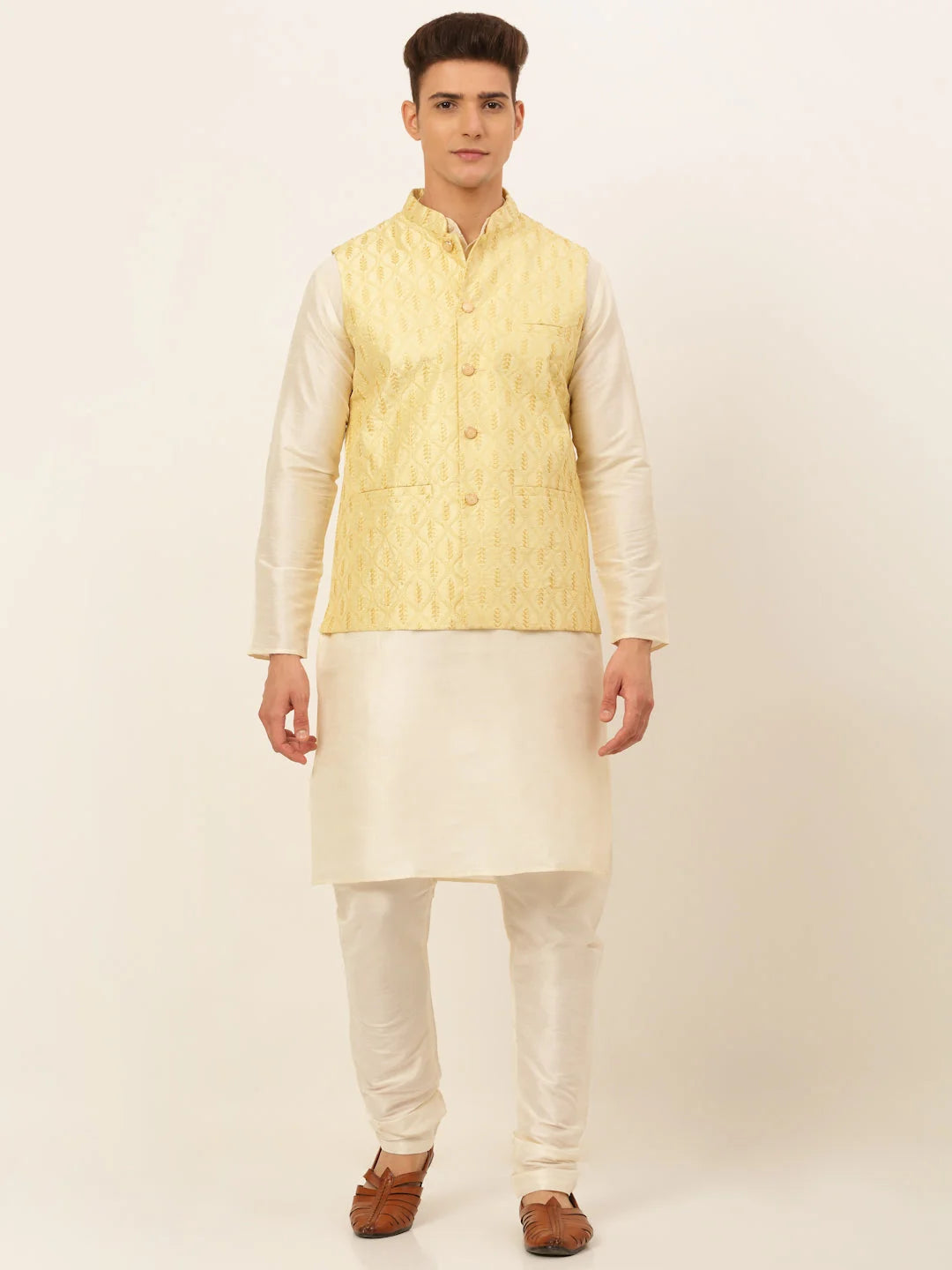 Stylish Golden Mens Kurta Pajama Set with Nehru Jacket | Cotton