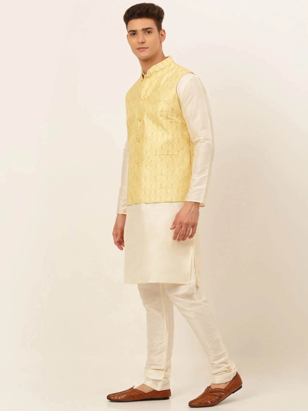 Stylish Golden Mens Kurta Pajama Set with Nehru Jacket | Cotton