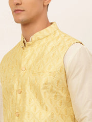 Men's Solid Kurta Pyjama With Nehru Jacket ( JOKPWC W-D 4049Golden )-JOKPWC-W-D-4049