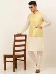 Men's Solid Kurta Pyjama With Nehru Jacket ( JOKPWC W-D 4049Golden )-JOKPWC-W-D-4049
