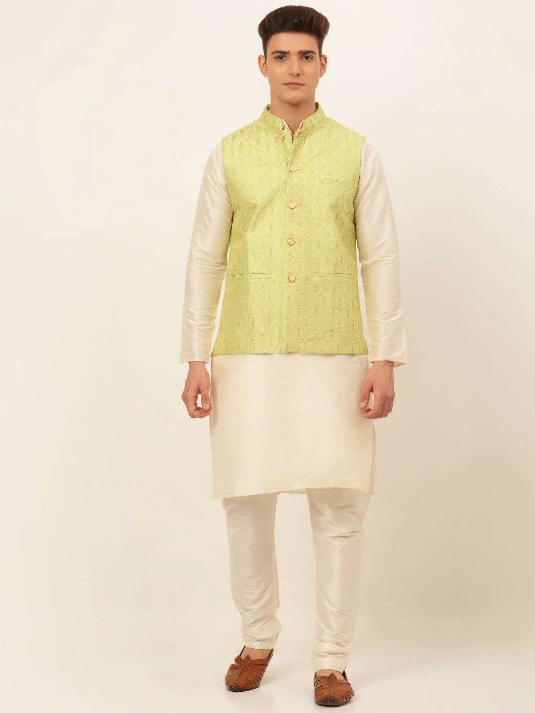 Men's Solid Kurta Pyjama With Nehru Jacket ( JOKPWC W-D 4049Green )-JOKPWC-W-D-4049
