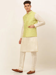 Men's Solid Kurta Pyjama With Nehru Jacket ( JOKPWC W-D 4049Green )-JOKPWC-W-D-4049