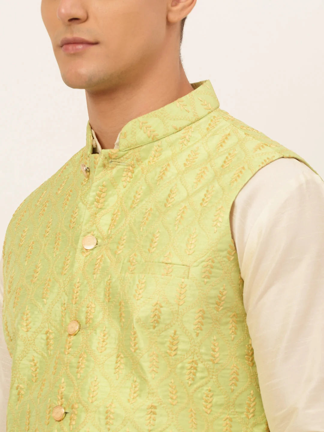 Green Mens Kurta Pajama Set with Nehru Jacket | Cotton Fabric