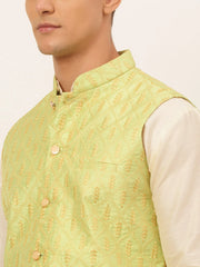 Men's Solid Kurta Pyjama With Nehru Jacket ( JOKPWC W-D 4049Green )-JOKPWC-W-D-4049