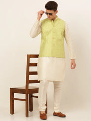 Men's Solid Kurta Pyjama With Nehru Jacket ( JOKPWC W-D 4049Green )-JOKPWC-W-D-4049