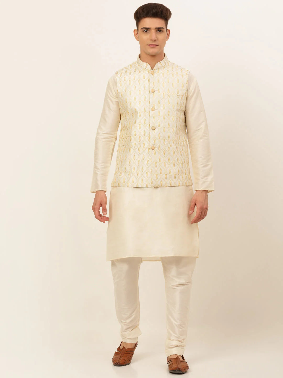 Silver Cotton Blend Kurta Pajama Set with Nehru Jacket