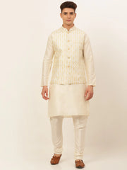 Men's Solid Kurta Pyjama With Nehru Jacket ( JOKPWC W-D 4049Silver )-JOKPWC-W-D-4049