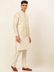 Men's Solid Kurta Pyjama With Nehru Jacket ( JOKPWC W-D 4049Silver )-JOKPWC-W-D-4049