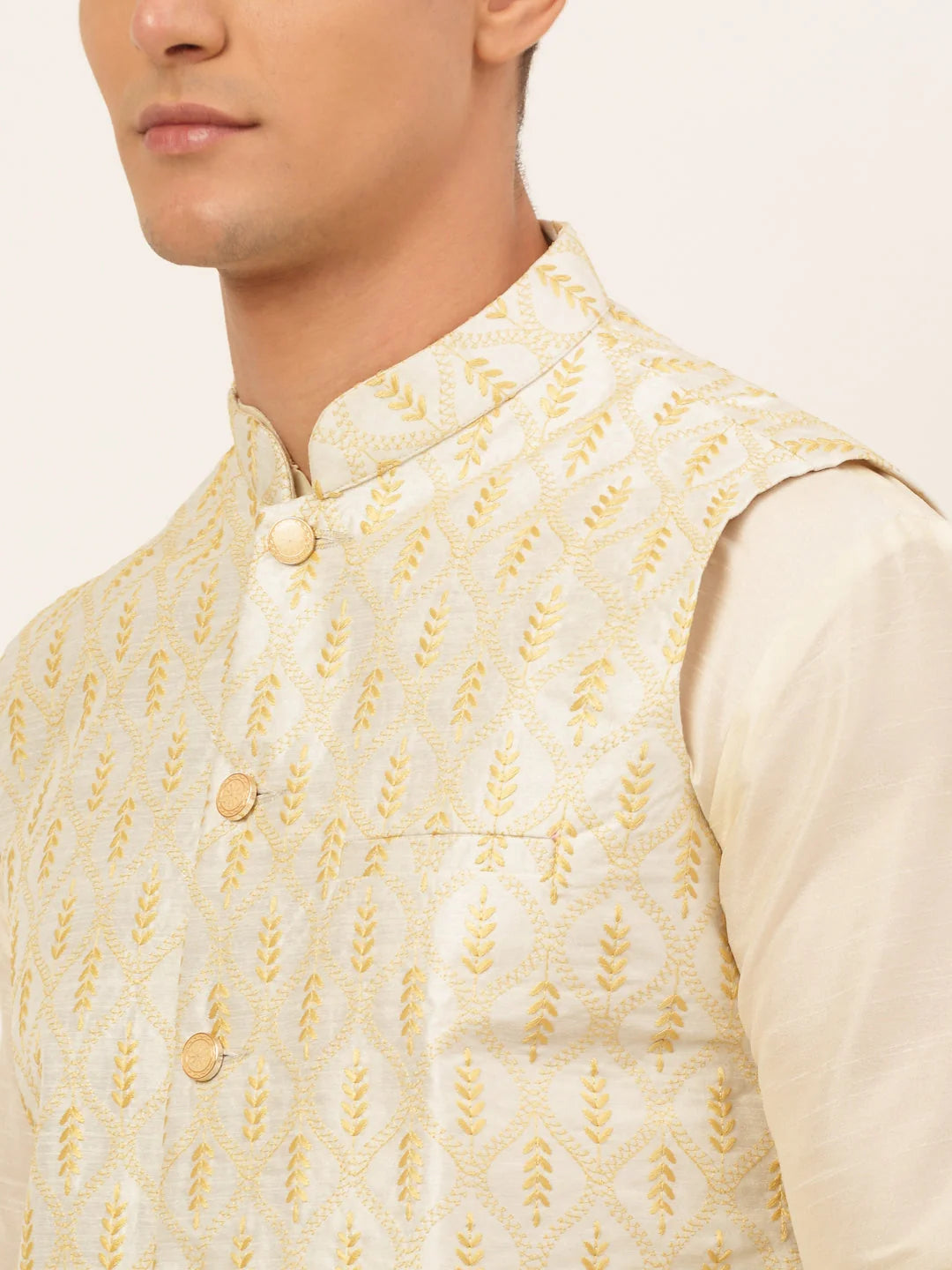 Silver Cotton Blend Kurta Pajama Set with Nehru Jacket
