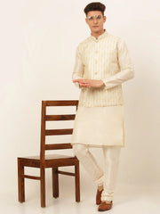 Men's Solid Kurta Pyjama With Nehru Jacket ( JOKPWC W-D 4049Silver )-JOKPWC-W-D-4049