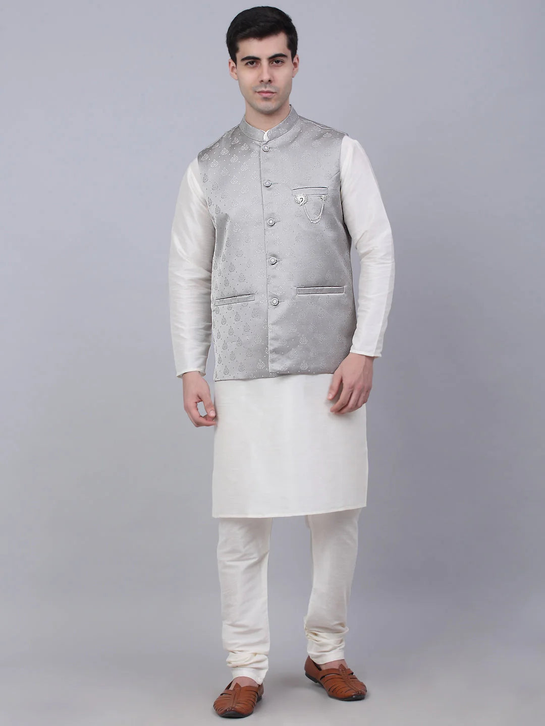 Grey Cotton Mens Kurta Pajama with Woven Nehru Jacket