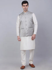 Men's Solid Kurta Pyjama With Woven Design Nehru Jacket ( JOKPWC W-D 4050Grey )-JOKPWC-W-D-4050
