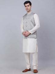 Men's Solid Kurta Pyjama With Woven Design Nehru Jacket ( JOKPWC W-D 4050Grey )-JOKPWC-W-D-4050
