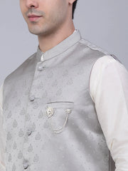 Men's Solid Kurta Pyjama With Woven Design Nehru Jacket ( JOKPWC W-D 4050Grey )-JOKPWC-W-D-4050