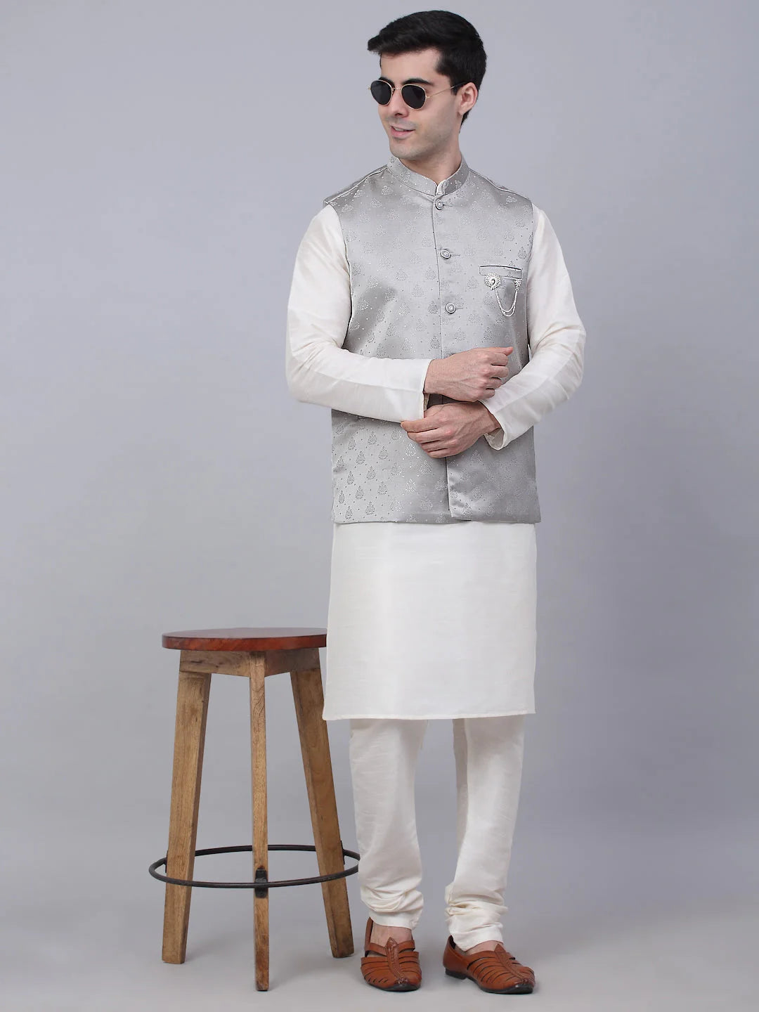 Grey Cotton Mens Kurta Pajama with Woven Nehru Jacket