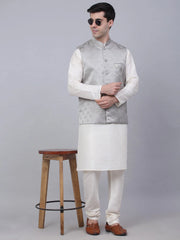 Men's Solid Kurta Pyjama With Woven Design Nehru Jacket ( JOKPWC W-D 4050Grey )-JOKPWC-W-D-4050