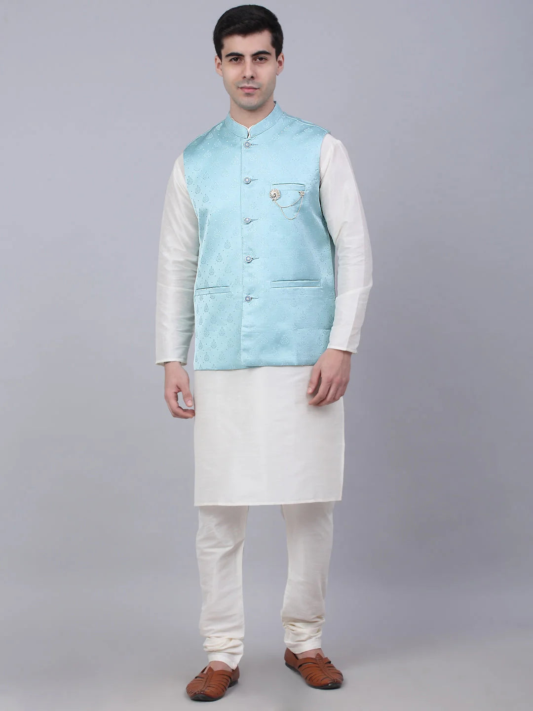 Sky Blue Mens Kurta Pajama Set with Woven Nehru Jacket