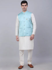 Men's Solid Kurta Pyjama With Woven Design Nehru Jacket ( JOKPWC W-D 4050Sky )-JOKPWC-W-D-4050