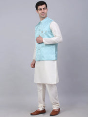 Men's Solid Kurta Pyjama With Woven Design Nehru Jacket ( JOKPWC W-D 4050Sky )-JOKPWC-W-D-4050