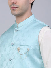 Men's Solid Kurta Pyjama With Woven Design Nehru Jacket ( JOKPWC W-D 4050Sky )-JOKPWC-W-D-4050