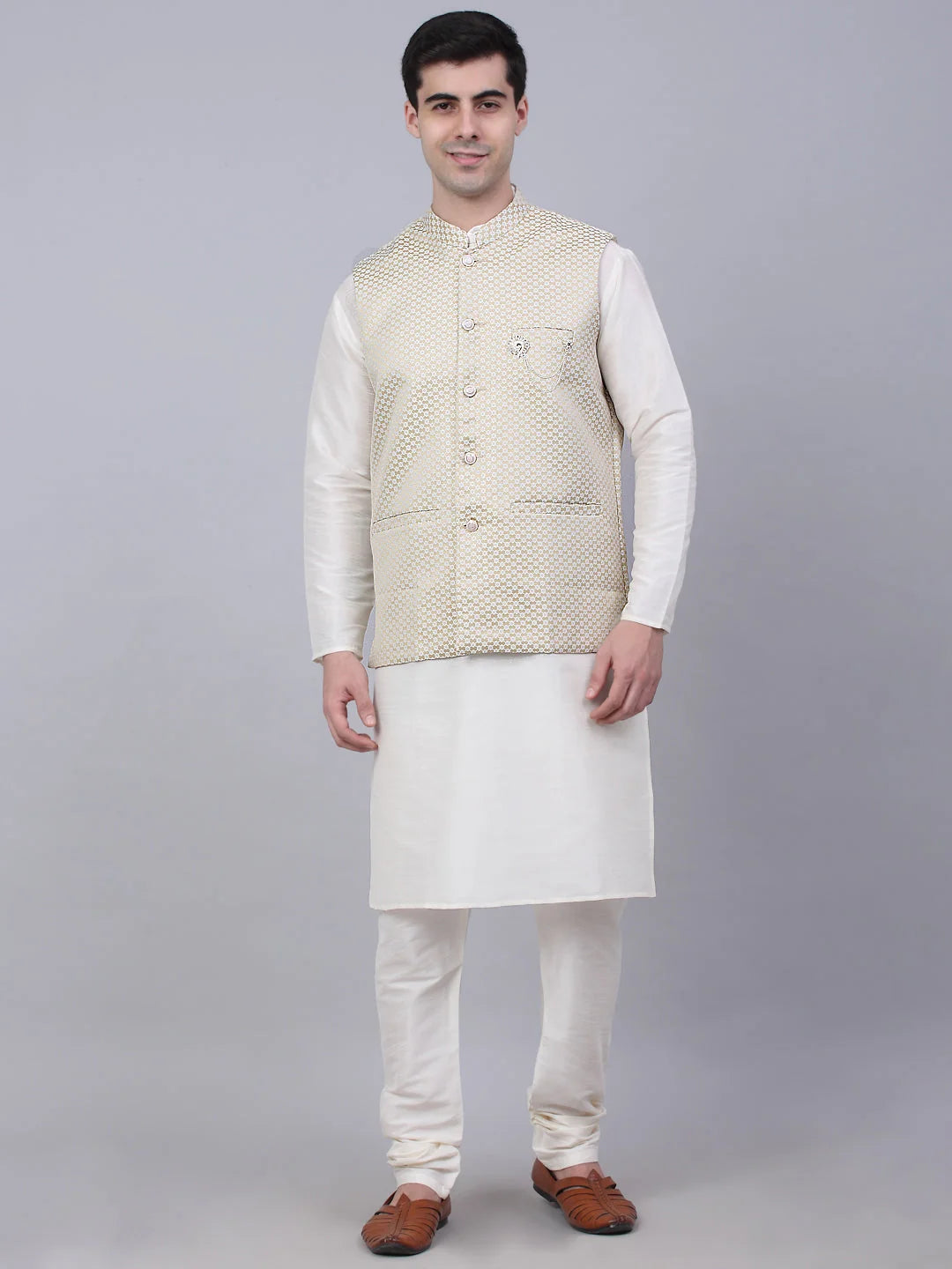 Men's Solid Kurta Pyjama With Woven Design Nehru Jacket ( JOKPWC W-D 4066Beige )-JOKPWC-W-D-4066