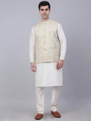 Men's Solid Kurta Pyjama With Woven Design Nehru Jacket ( JOKPWC W-D 4066Beige )-JOKPWC-W-D-4066