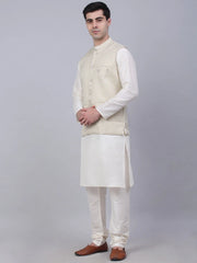 Men's Solid Kurta Pyjama With Woven Design Nehru Jacket ( JOKPWC W-D 4066Beige )-JOKPWC-W-D-4066