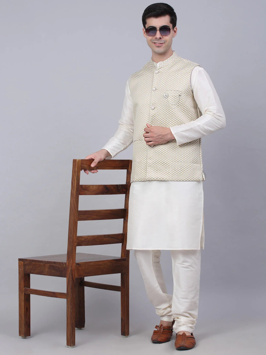 Beige Mens Kurta Pajama with Nehru Jacket | Cotton Kurta Pajama