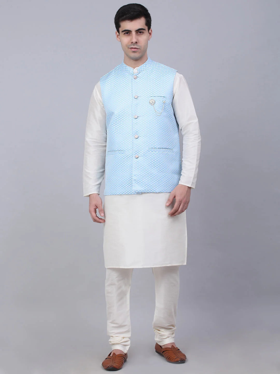 Blue Mens Kurta Pajama Set with Woven Nehru Jacket | Cotton Blend