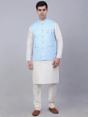 Men's Solid Kurta Pyjama With Woven Design Nehru Jacket ( JOKPWC W-D 4066Blue )-JOKPWC-W-D-4066
