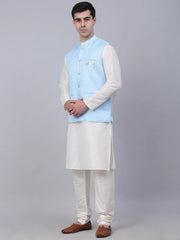 Men's Solid Kurta Pyjama With Woven Design Nehru Jacket ( JOKPWC W-D 4066Blue )-JOKPWC-W-D-4066