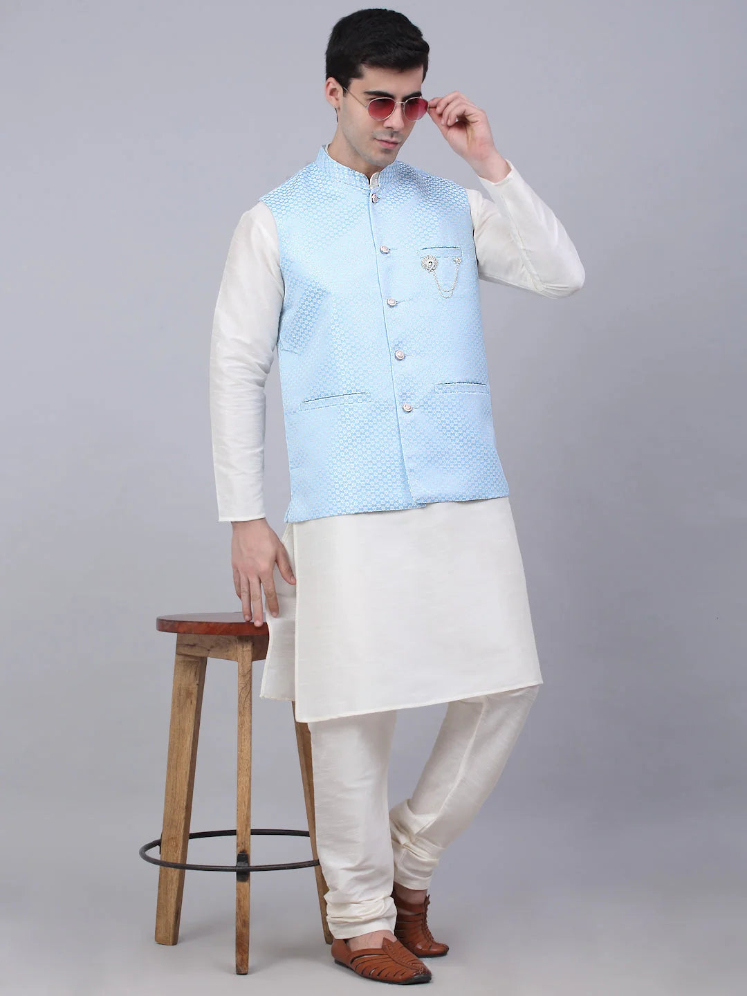 Blue Mens Kurta Pajama Set with Woven Nehru Jacket | Cotton Blend