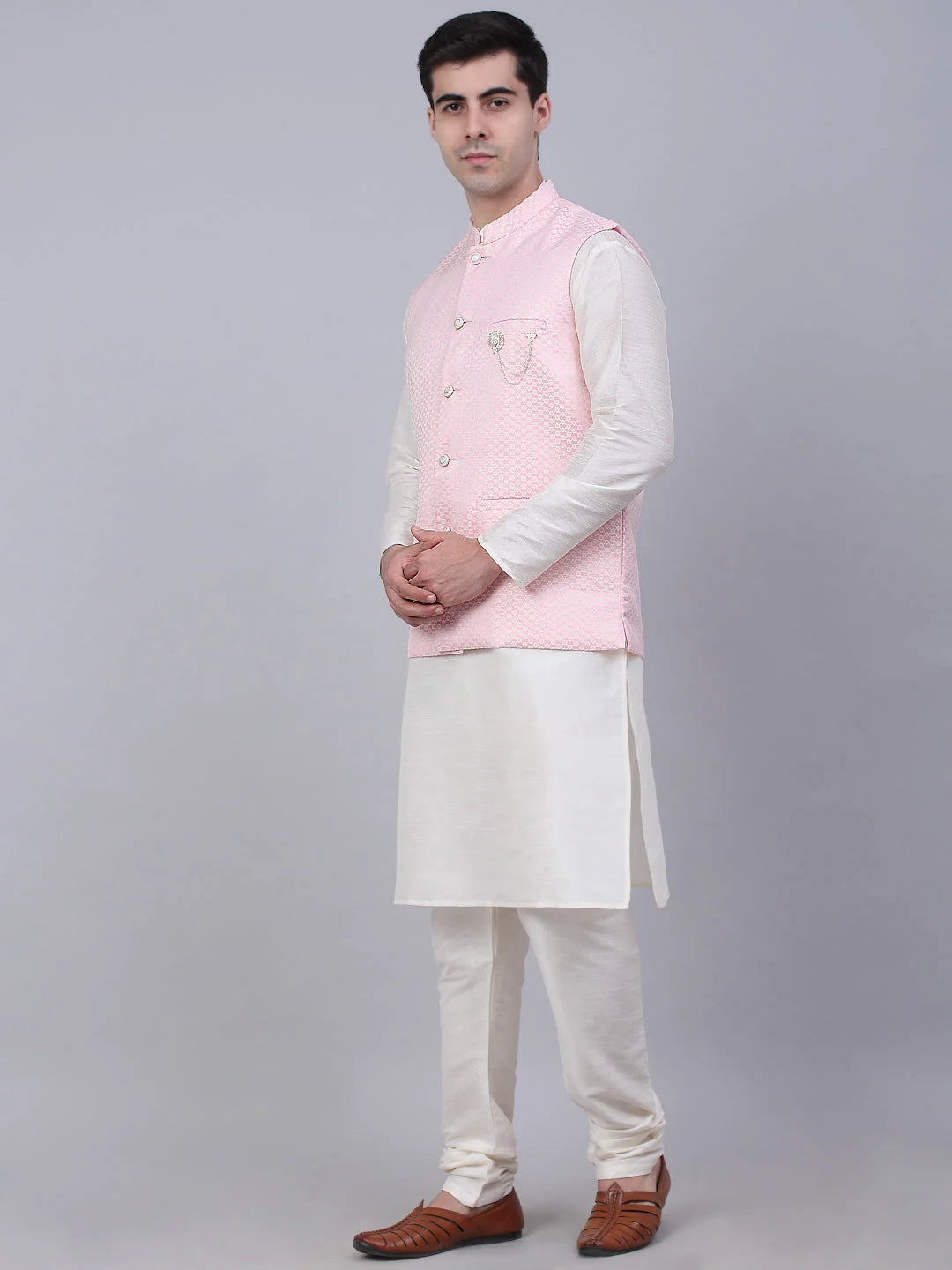 Pink Mens Kurta Pajama with Nehru Jacket | Cotton Kurta Pajama