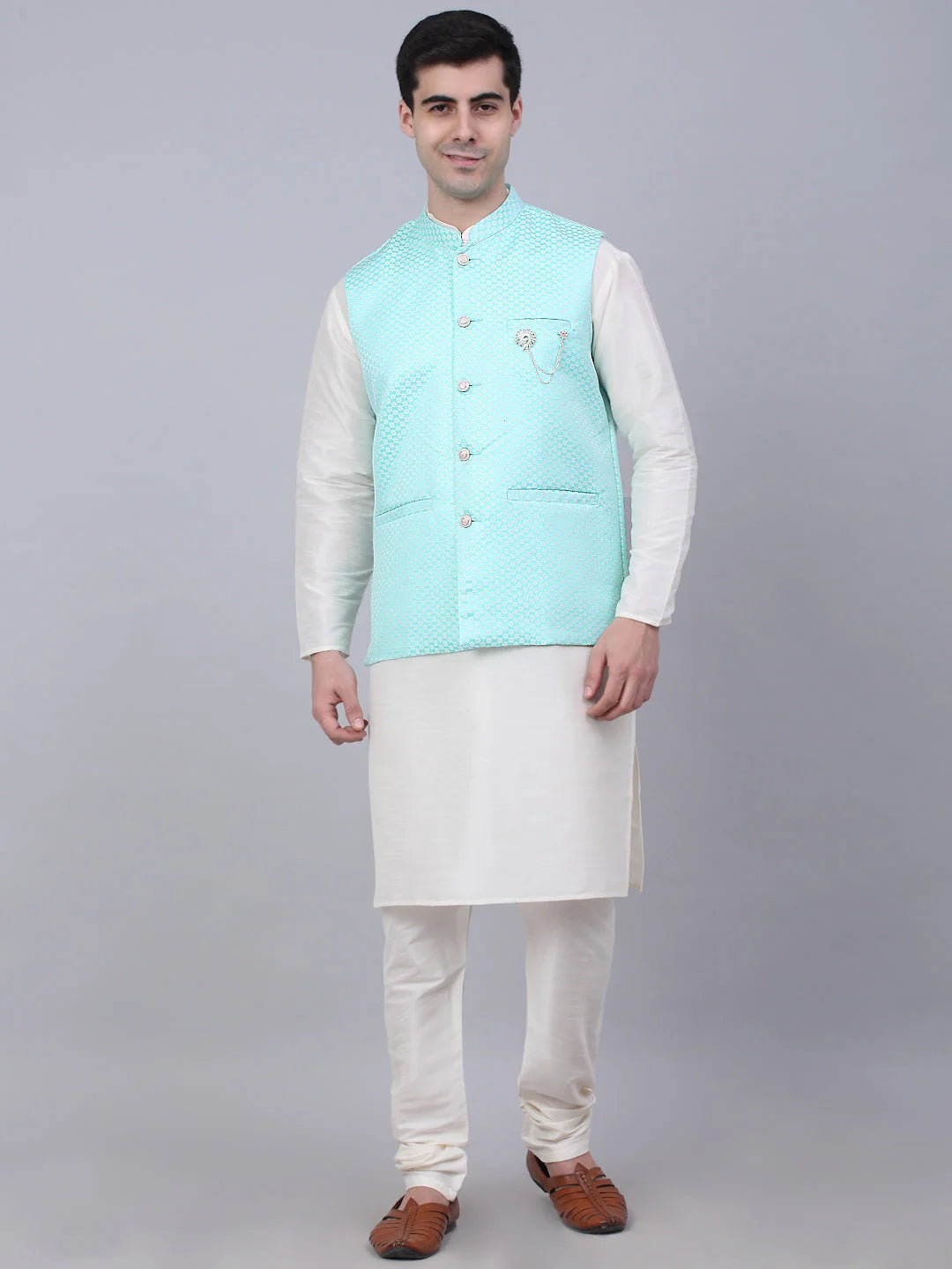 Men's Solid Kurta Pyjama With Woven Design Nehru Jacket ( JOKPWC W-D 4066Sky )-JOKPWC-W-D-4066