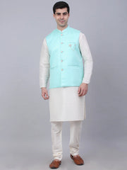Men's Solid Kurta Pyjama With Woven Design Nehru Jacket ( JOKPWC W-D 4066Sky )-JOKPWC-W-D-4066