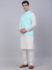 Men's Solid Kurta Pyjama With Woven Design Nehru Jacket ( JOKPWC W-D 4066Sky )-JOKPWC-W-D-4066