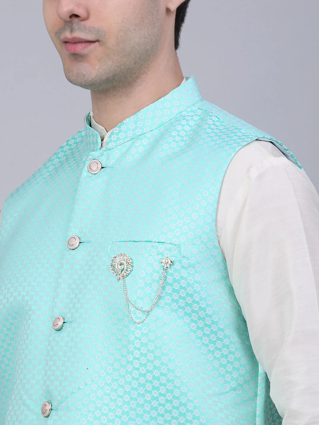 Sky Blue Mens Kurta Pajama Set with Nehru Jacket | Cotton
