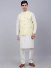 Men's Solid Kurta Pyjama With Woven Design Nehru Jacket ( JOKPWC W-D 4066Yellow )-JOKPWC-W-D-4066