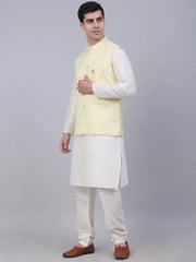 Men's Solid Kurta Pyjama With Woven Design Nehru Jacket ( JOKPWC W-D 4066Yellow )-JOKPWC-W-D-4066
