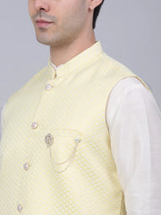 Men's Solid Kurta Pyjama With Woven Design Nehru Jacket ( JOKPWC W-D 4066Yellow )-JOKPWC-W-D-4066