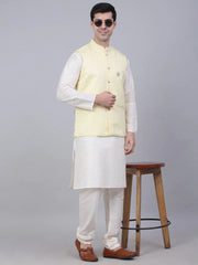 Men's Solid Kurta Pyjama With Woven Design Nehru Jacket ( JOKPWC W-D 4066Yellow )-JOKPWC-W-D-4066