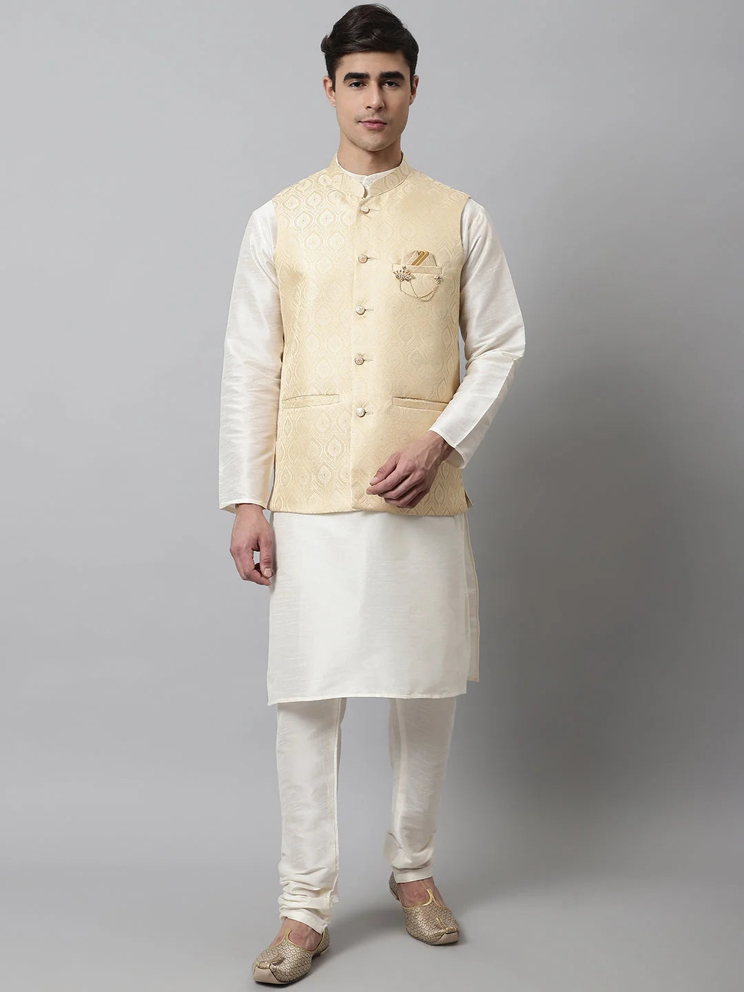 Off White Kurta Pajama with Golden Nehru Jacket - Mens Set