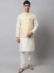 Men Off White Solid Kurta Pyjama with Golden Woven Design Nehru Jacket ( JOKPWC W-D 4069Golden )-JOKPWC-W-D-4069