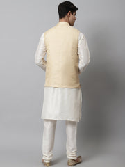 Men Off White Solid Kurta Pyjama with Golden Woven Design Nehru Jacket ( JOKPWC W-D 4069Golden )-JOKPWC-W-D-4069